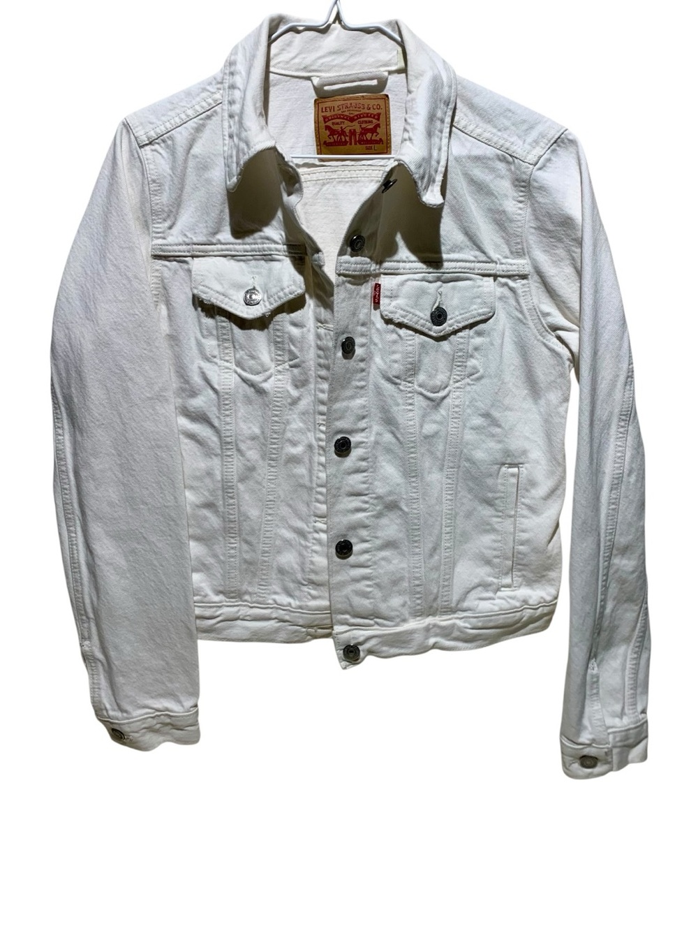 Women’s Levi's Classic White Denim Cropped Trucker Jacket Large